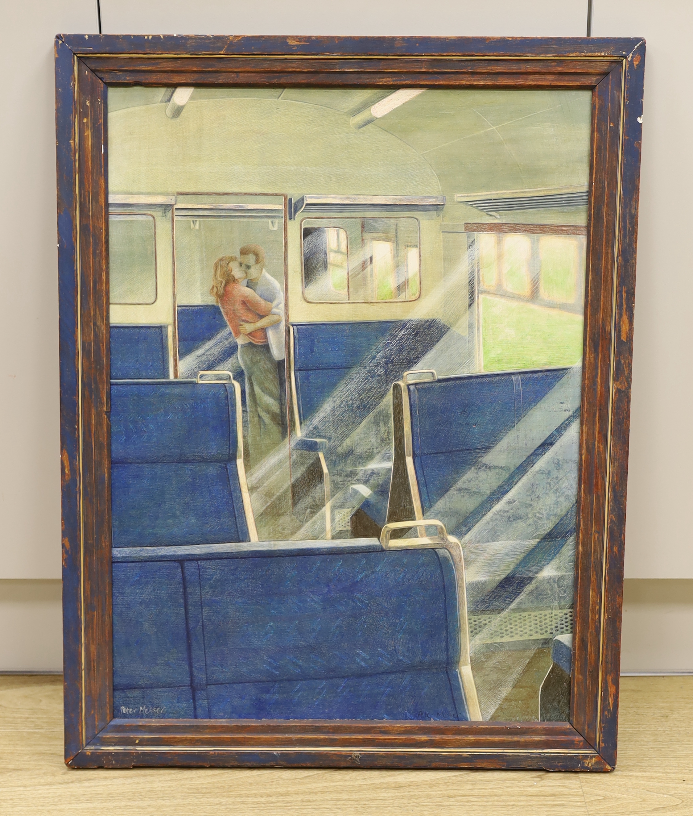 Peter Messer (b.1954-), egg tempera on board, 'Intercity Kiss', signed, 67 x 49cm